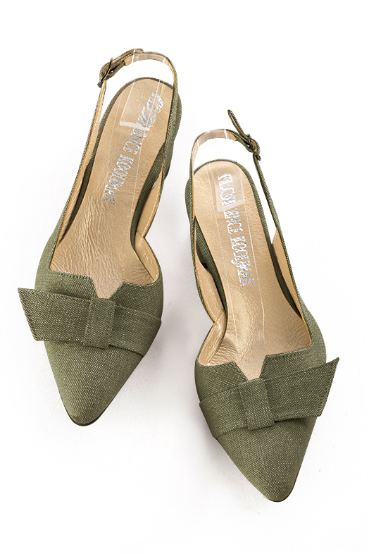 Khaki green women's slingback shoes. Tapered toe. Low flare heels. Top view - Florence KOOIJMAN